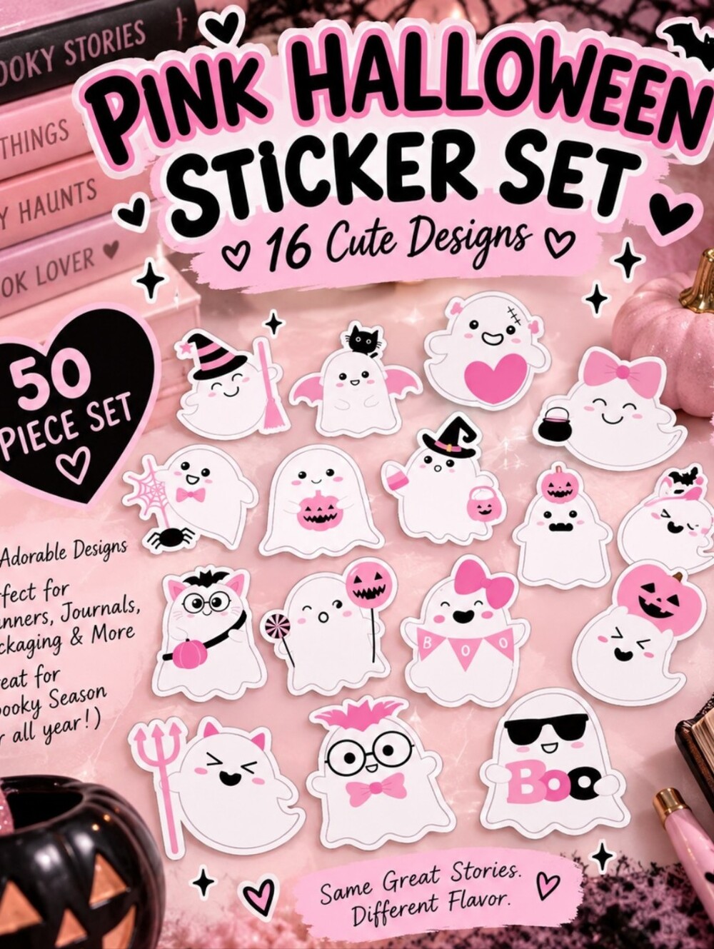 50 Count Pink Halloween Sticker Set - Cute Ghost Design!!